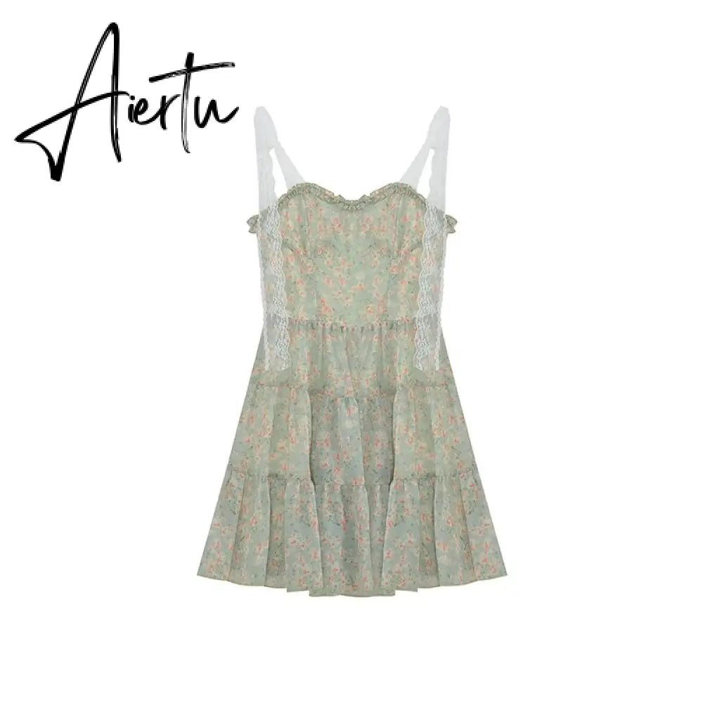 Lace Spaghetti Strap Dress Stitching Women's Summer Sweet French Floral Dress A Line Mini High Waist Sexy Beach Dress Clothing Aiertu