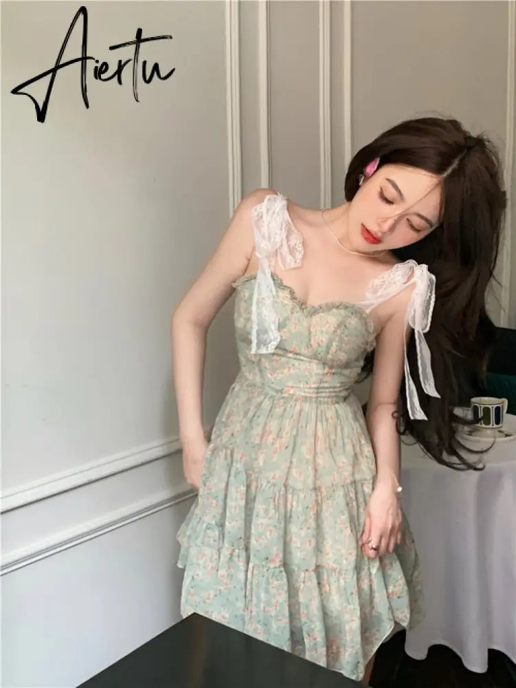 Lace Spaghetti Strap Dress Stitching Women's Summer Sweet French Floral Dress A Line Mini High Waist Sexy Beach Dress Clothing Aiertu