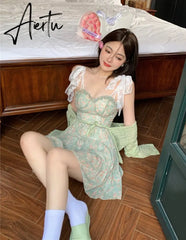 Lace Spaghetti Strap Dress Stitching Women's Summer Sweet French Floral Dress A Line Mini High Waist Sexy Beach Dress Clothing Aiertu