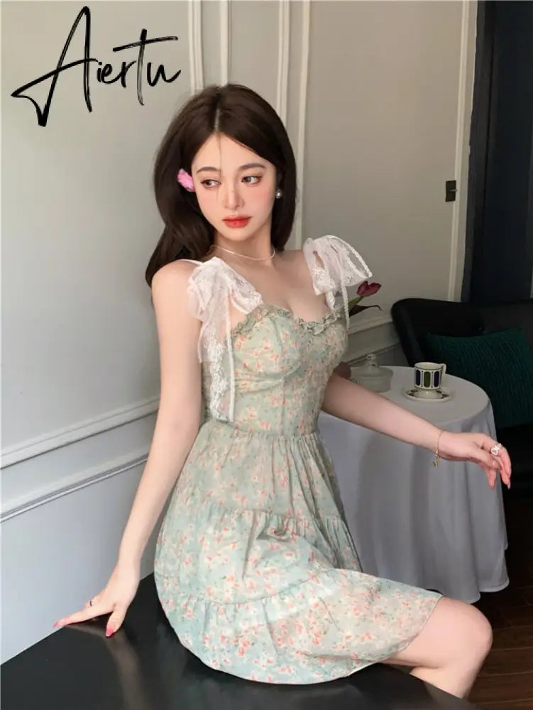Lace Spaghetti Strap Dress Stitching Women's Summer Sweet French Floral Dress A Line Mini High Waist Sexy Beach Dress Clothing Aiertu