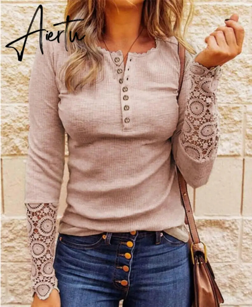 Lace Splicing Top Long Sleeve T Shirt Woman Button Slim Tops Tee Autumn Spring Patchwork Sleeve T-shirt Women Sexy Streetwear Aiertu