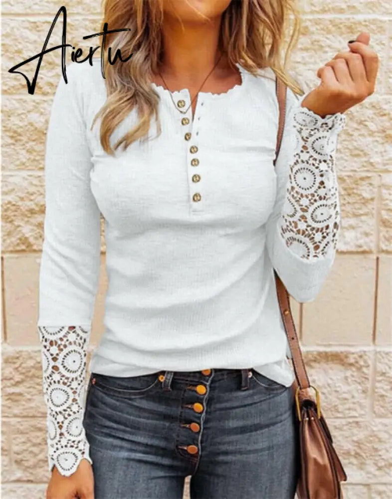 Lace Splicing Top Long Sleeve T Shirt Woman Button Slim Tops Tee Autumn Spring Patchwork Sleeve T-shirt Women Sexy Streetwear Aiertu