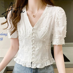 Lace Top Women Casual Sweet Embroidered Shirt Fashion High Waist Short Sleeve V-neck Puff Sleeve Elegant Women Blouses 9778 Aiertu