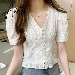 Lace Top Women Casual Sweet Embroidered Shirt Fashion High Waist Short Sleeve V-neck Puff Sleeve Elegant Women Blouses 9778 Aiertu