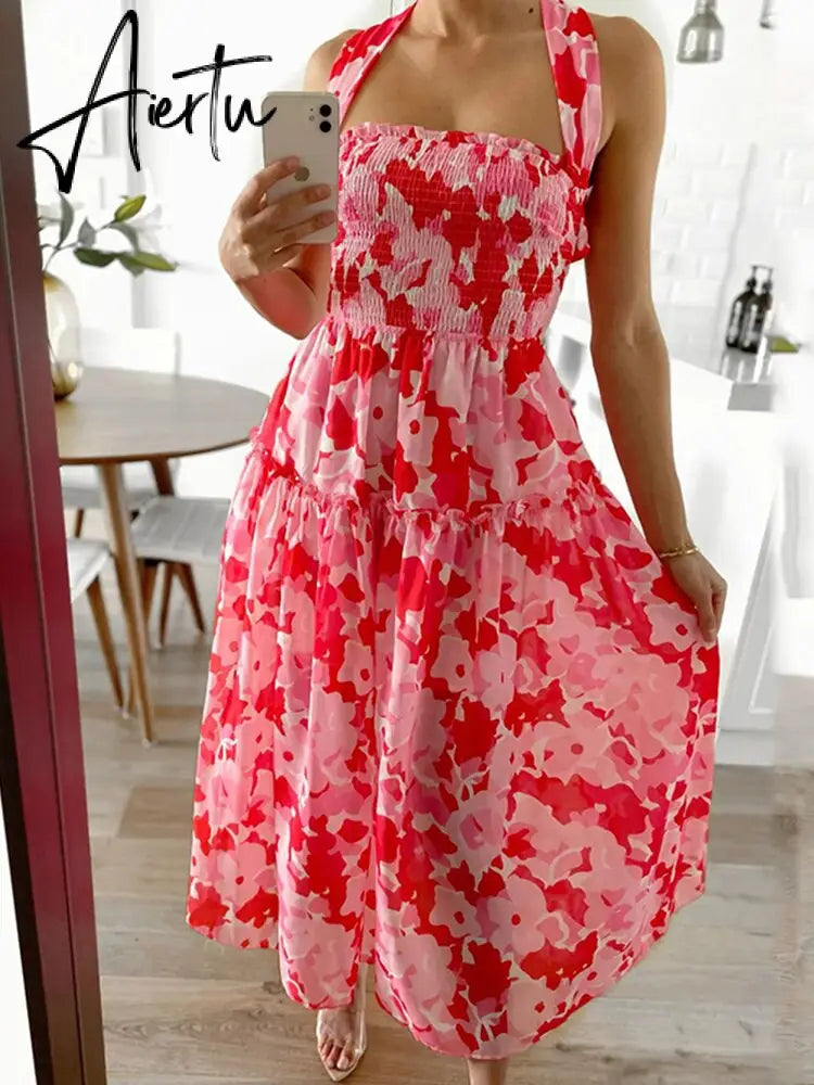 Lace Up Backless Sexy Maxi Dress Summer Women Elastic Red Long Elegant Ladies Holiday Dress Sundress Vestido Chiffon Aiertu