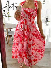 Lace Up Backless Sexy Maxi Dress Summer Women Elastic Red Long Elegant Ladies Holiday Dress Sundress Vestido Chiffon Aiertu