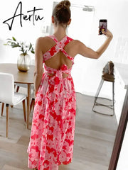 Lace Up Backless Sexy Maxi Dress Summer Women Elastic Red Long Elegant Ladies Holiday Dress Sundress Vestido Chiffon Aiertu