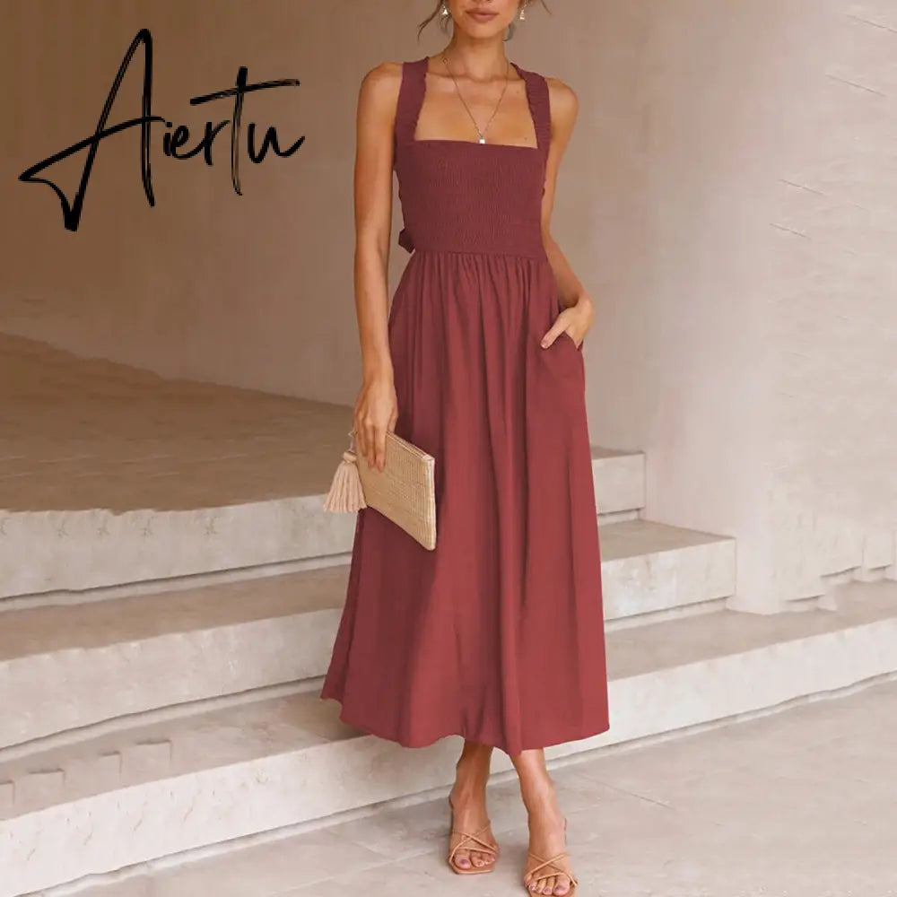 Lace Up Backless Sexy Maxi Dress Summer Women Elastic Red Long Elegant Ladies Holiday Dress Sundress Vestido Chiffon Aiertu