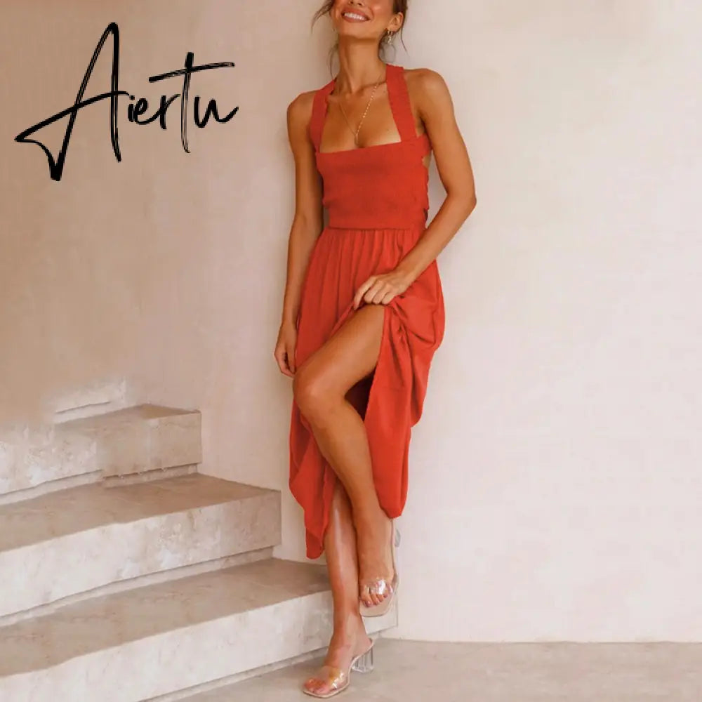 Lace Up Backless Sexy Maxi Dress Summer Women Elastic Red Long Elegant Ladies Holiday Dress Sundress Vestido Chiffon Aiertu