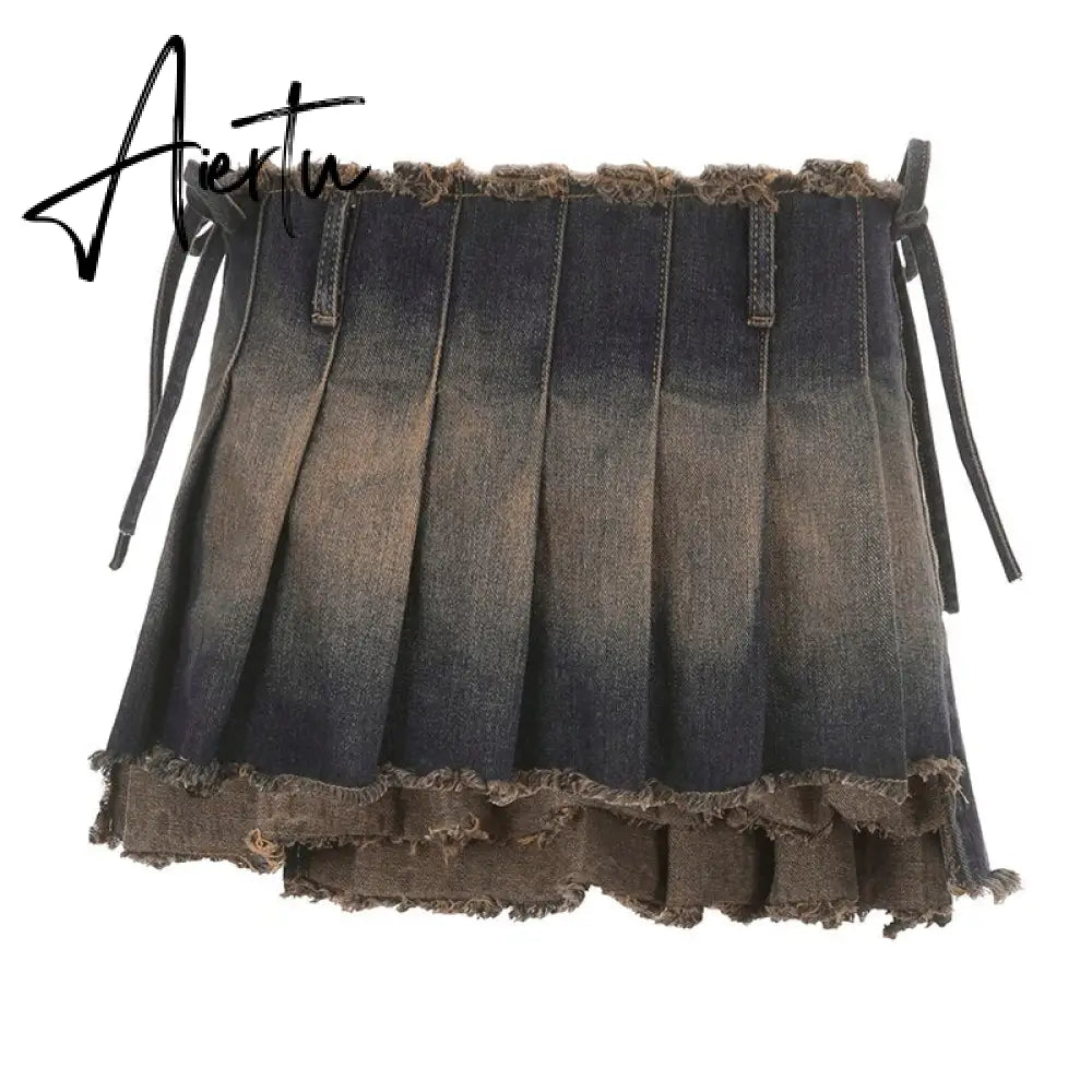 Lace Up Low Rise Denim Skirt y2k Grunge Tie Dye Irregular Mini Pleated Skirt Vintage Streetwear Outfits Women's Clothing Aiertu