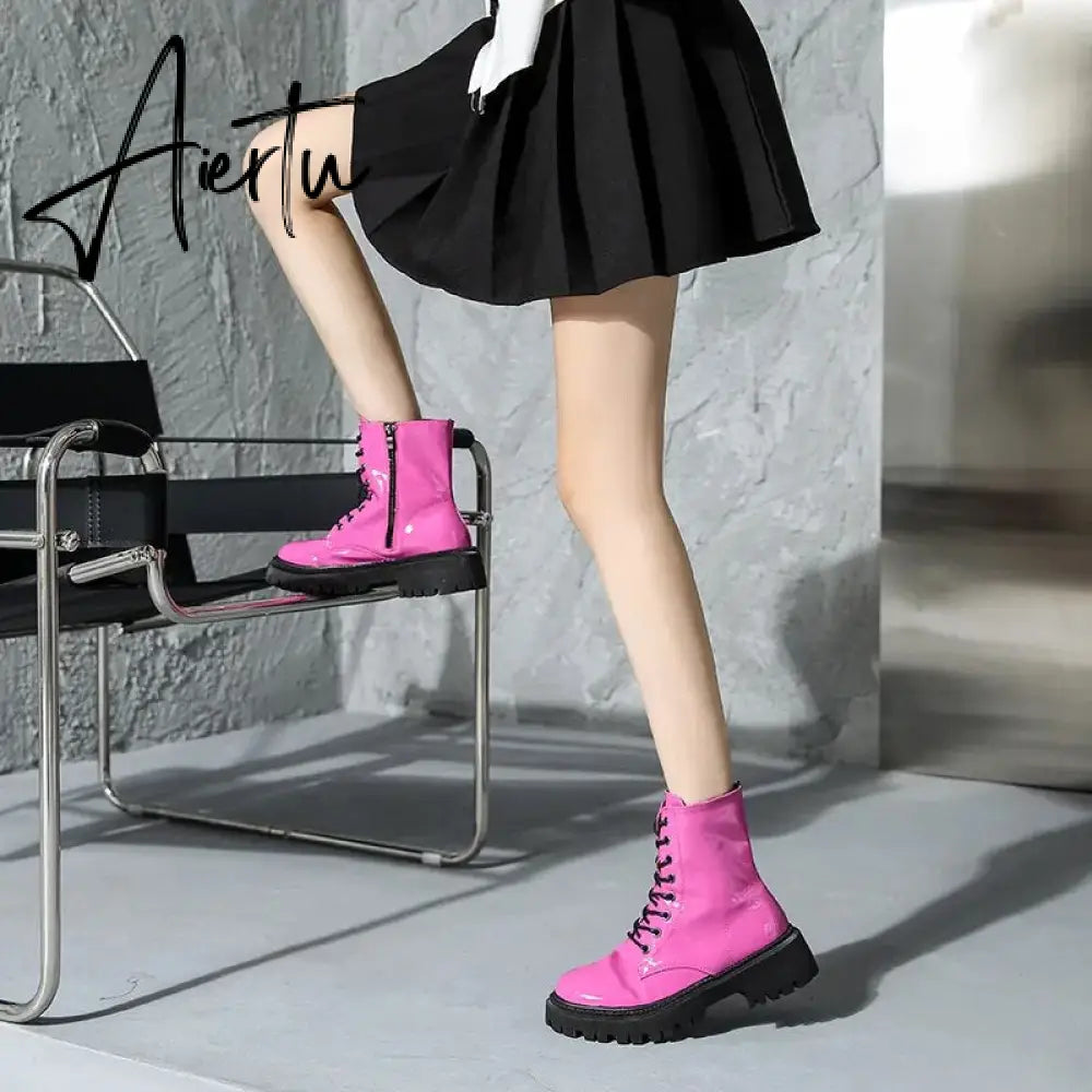 Lace Up Pink Ankle Boots Woman Patent Leather Platform Motorcycle Boots Woman Thick Heels Zipper Short Booties Aiertu