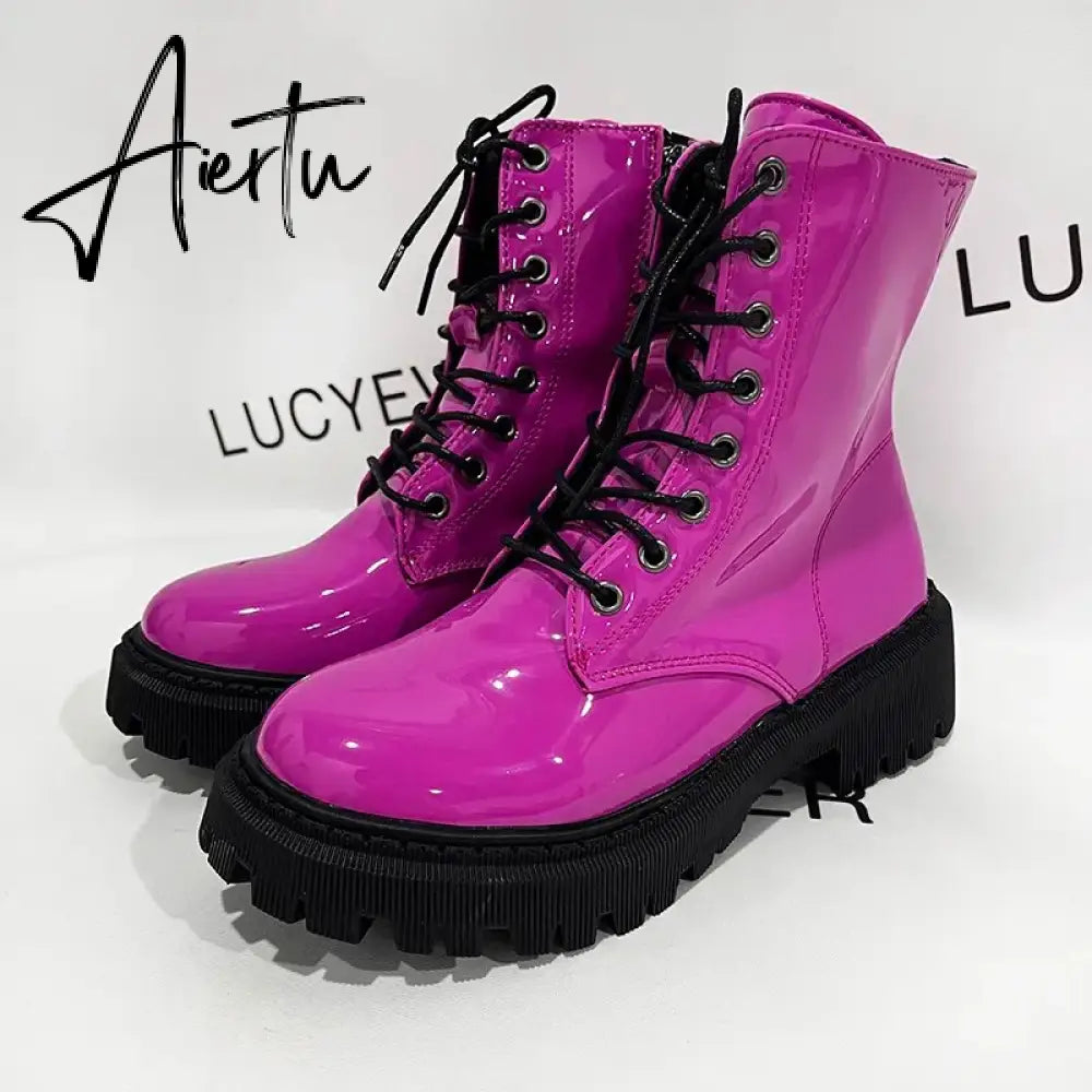 Lace Up Pink Ankle Boots Woman Patent Leather Platform Motorcycle Boots Woman Thick Heels Zipper Short Booties Aiertu