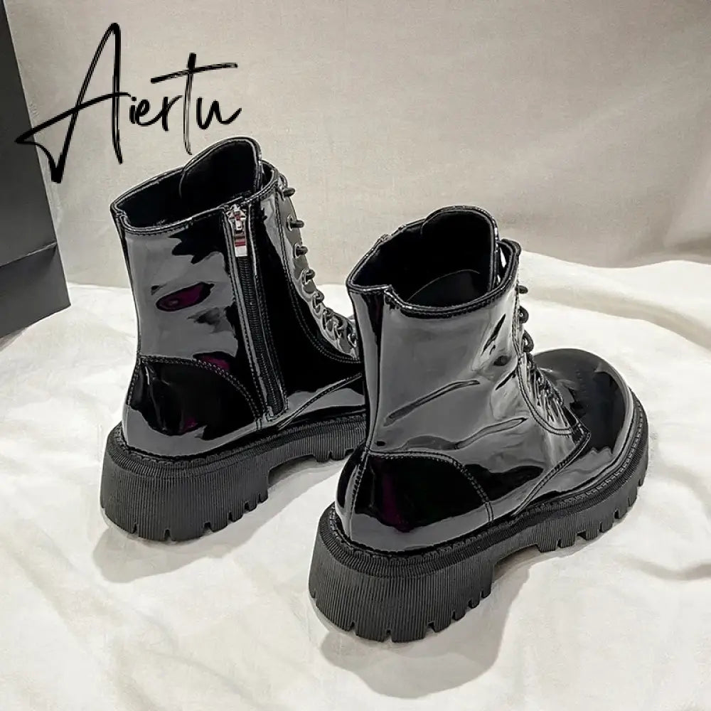 Lace Up Pink Ankle Boots Woman Patent Leather Platform Motorcycle Boots Woman Thick Heels Zipper Short Booties Aiertu