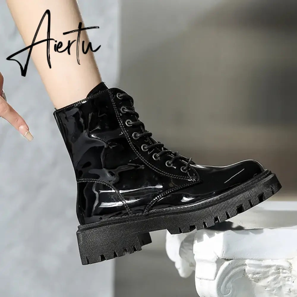 Lace Up Pink Ankle Boots Woman Patent Leather Platform Motorcycle Boots Woman Thick Heels Zipper Short Booties Aiertu