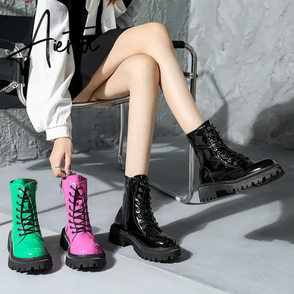 Lace Up Pink Ankle Boots Woman Patent Leather Platform Motorcycle Boots Woman Thick Heels Zipper Short Booties Aiertu