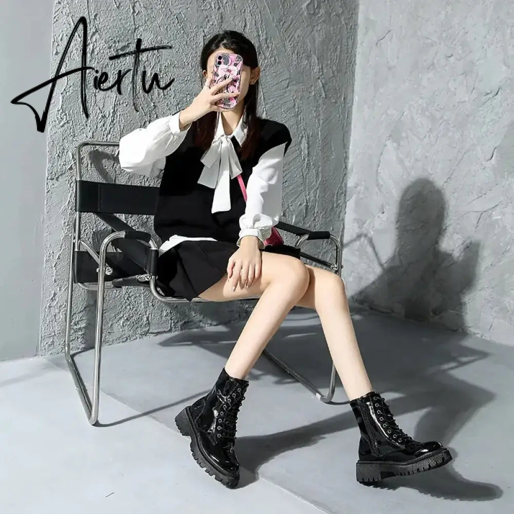 Lace Up Pink Ankle Boots Woman Patent Leather Platform Motorcycle Boots Woman Thick Heels Zipper Short Booties Aiertu