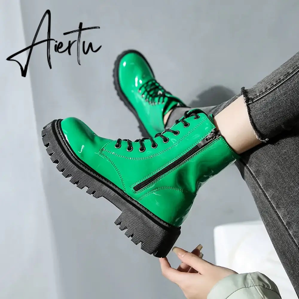 Lace Up Pink Ankle Boots Woman Patent Leather Platform Motorcycle Boots Woman Thick Heels Zipper Short Booties Aiertu