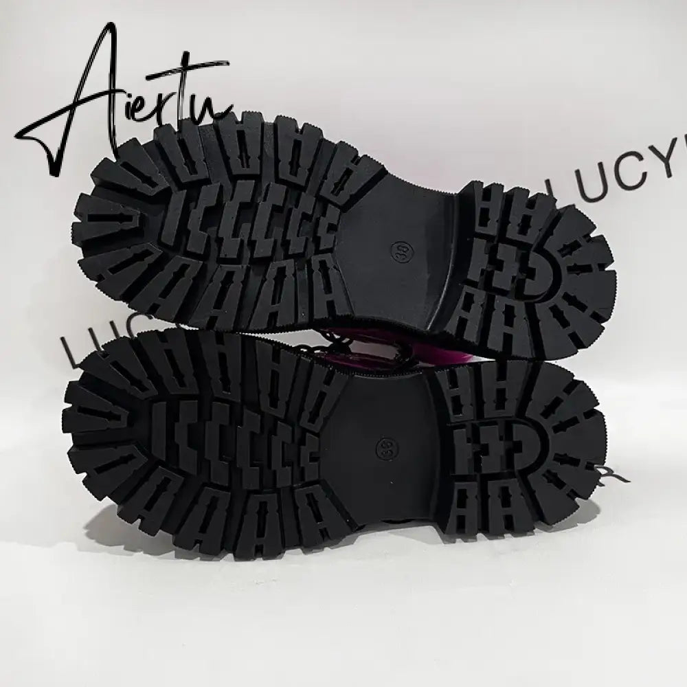 Lace Up Pink Ankle Boots Woman Patent Leather Platform Motorcycle Boots Woman Thick Heels Zipper Short Booties Aiertu
