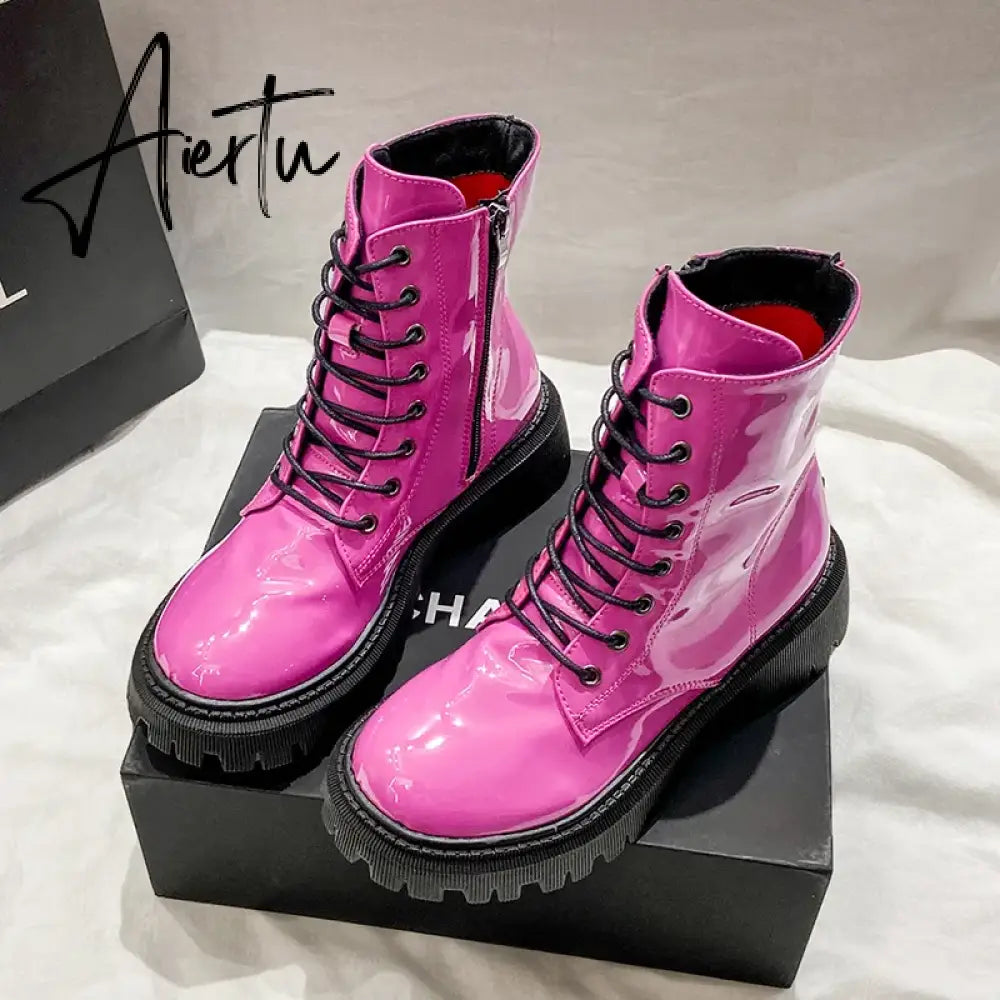 Lace Up Pink Ankle Boots Woman Patent Leather Platform Motorcycle Boots Woman Thick Heels Zipper Short Booties Aiertu