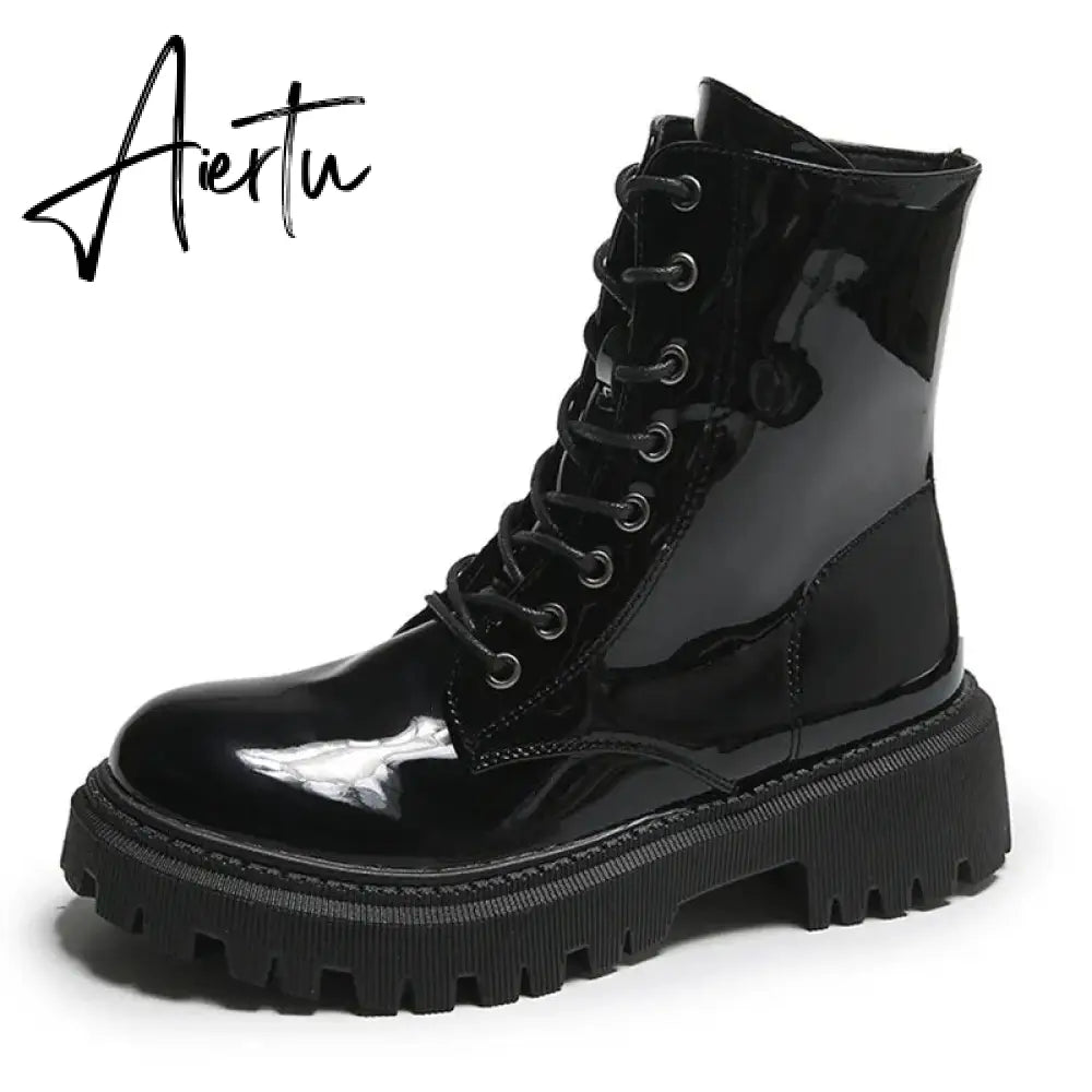 Lace Up Pink Ankle Boots Woman Patent Leather Platform Motorcycle Boots Woman Thick Heels Zipper Short Booties Aiertu