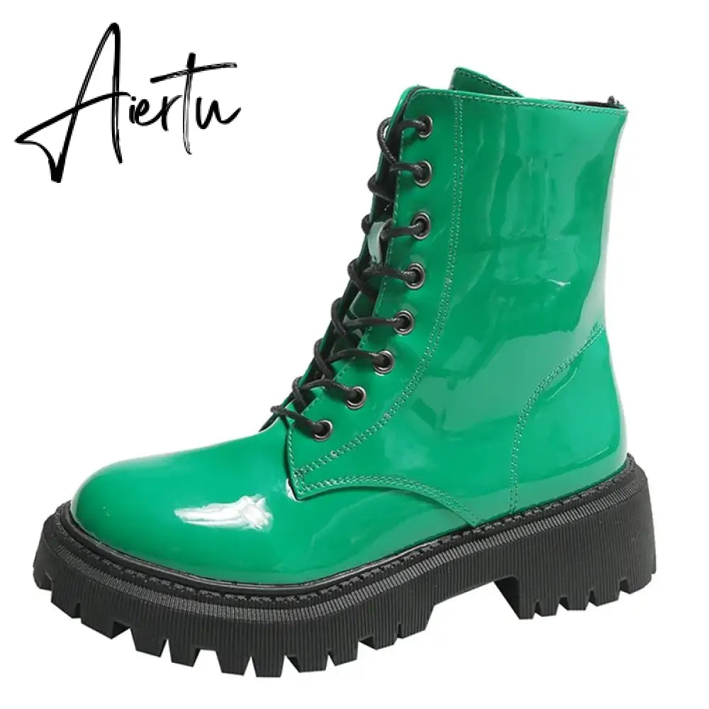 Lace Up Pink Ankle Boots Woman Patent Leather Platform Motorcycle Boots Woman Thick Heels Zipper Short Booties Aiertu