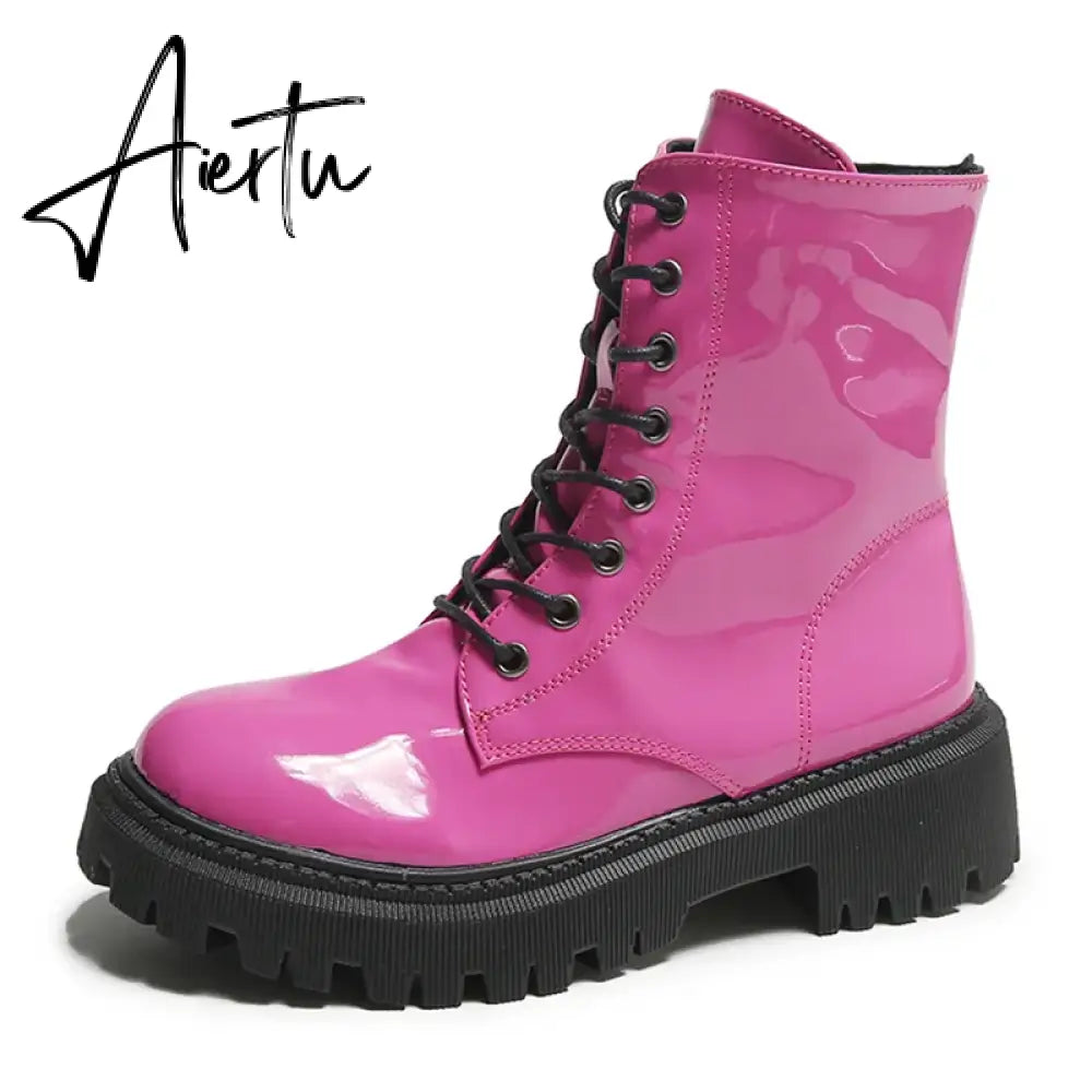 Lace Up Pink Ankle Boots Woman Patent Leather Platform Motorcycle Boots Woman Thick Heels Zipper Short Booties Aiertu