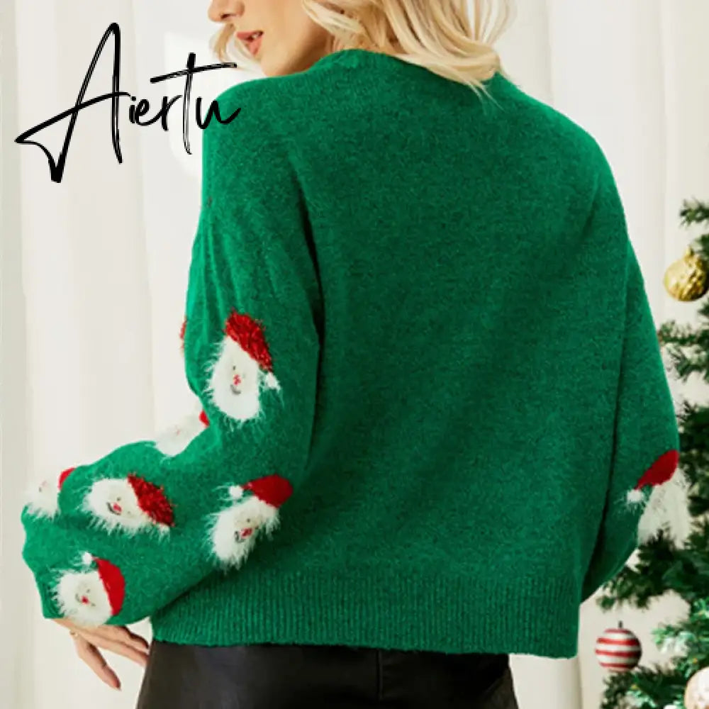 Ladies Cute Sweater Autumn/Winter New O-Neck Lantern Sleeve Loose Knitted Tops Traf Pullover Father Christmas Sweaters New Year Aiertu