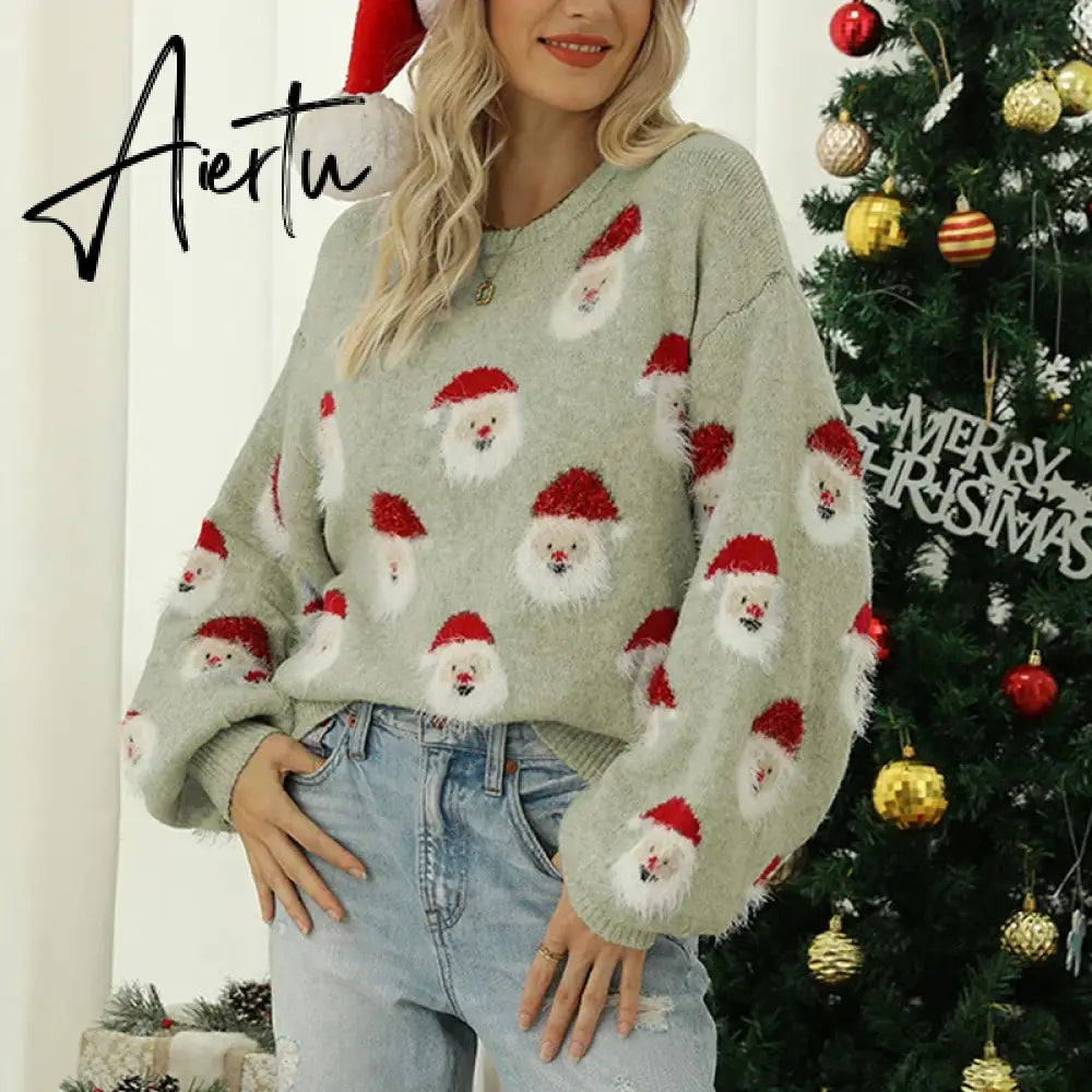 Ladies Cute Sweater Autumn/Winter New O-Neck Lantern Sleeve Loose Knitted Tops Traf Pullover Father Christmas Sweaters New Year Aiertu