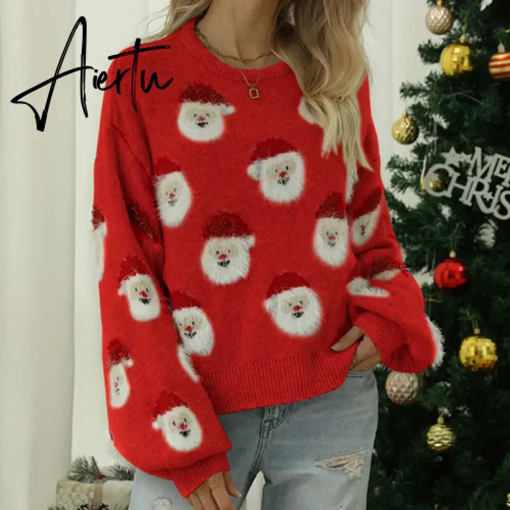 Ladies Cute Sweater Autumn/Winter New O-Neck Lantern Sleeve Loose Knitted Tops Traf Pullover Father Christmas Sweaters New Year Aiertu