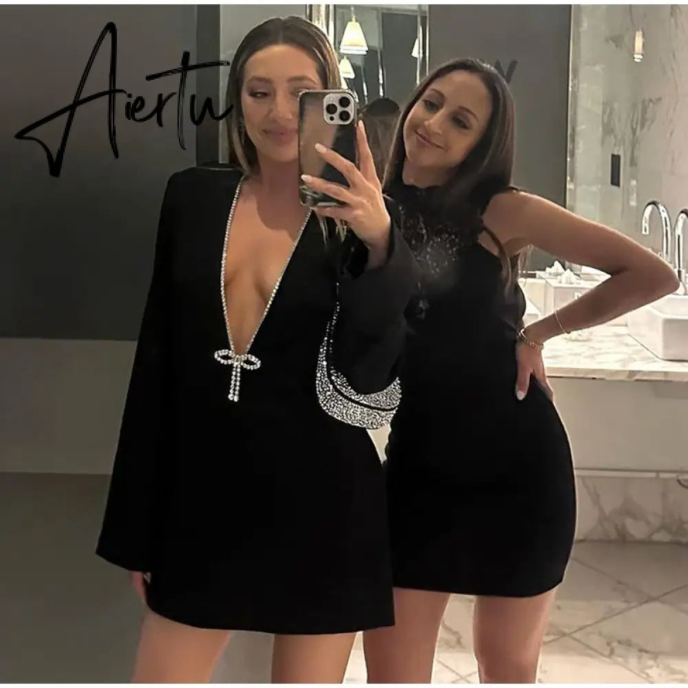 Ladies Elegant Deep V Long Sleeve Mini Dress Women Fashion Solid Color High Waist Slim Dresses Female Nightclub Party Vestidos Aiertu