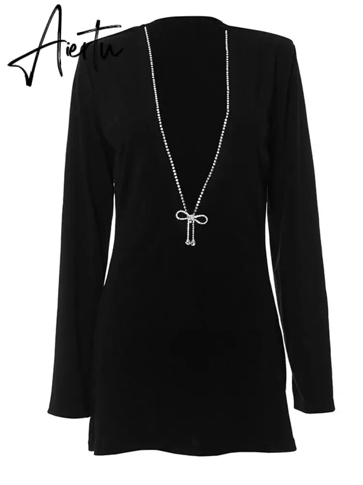 Ladies Elegant Deep V Long Sleeve Mini Dress Women Fashion Solid Color High Waist Slim Dresses Female Nightclub Party Vestidos Aiertu