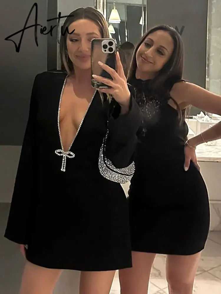 Ladies Elegant Deep V Long Sleeve Mini Dress Women Fashion Solid Color High Waist Slim Dresses Female Nightclub Party Vestidos Aiertu