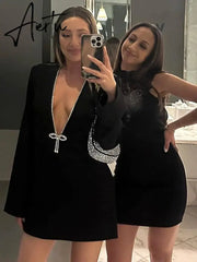 Ladies Elegant Deep V Long Sleeve Mini Dress Women Fashion Solid Color High Waist Slim Dresses Female Nightclub Party Vestidos Aiertu