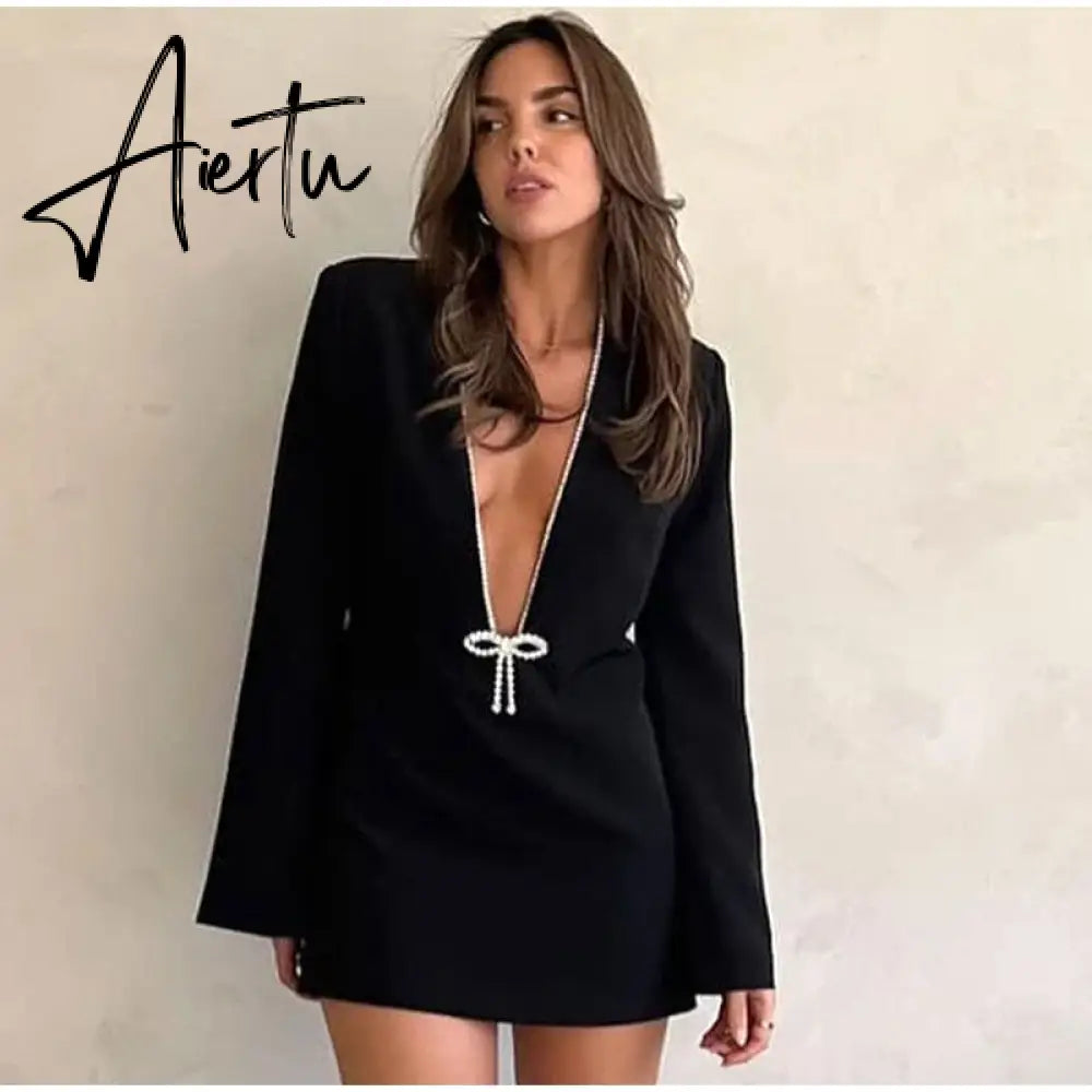 Ladies Elegant Deep V Long Sleeve Mini Dress Women Fashion Solid Color High Waist Slim Dresses Female Nightclub Party Vestidos Aiertu