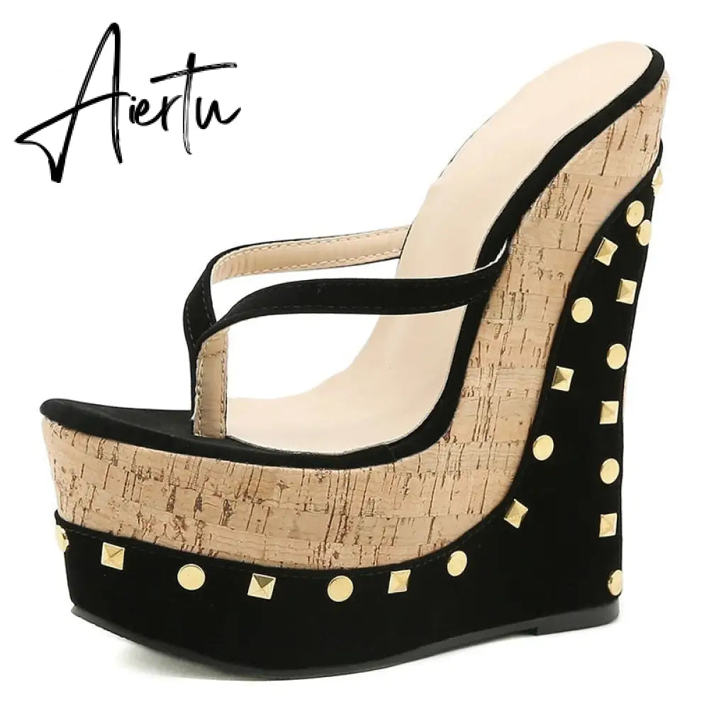 Ladies Shoes Summer Flock Wedges Party Fashion Classics Big Yards Modern Thong Beach Mules Sandalias Platform Geometric Aiertu