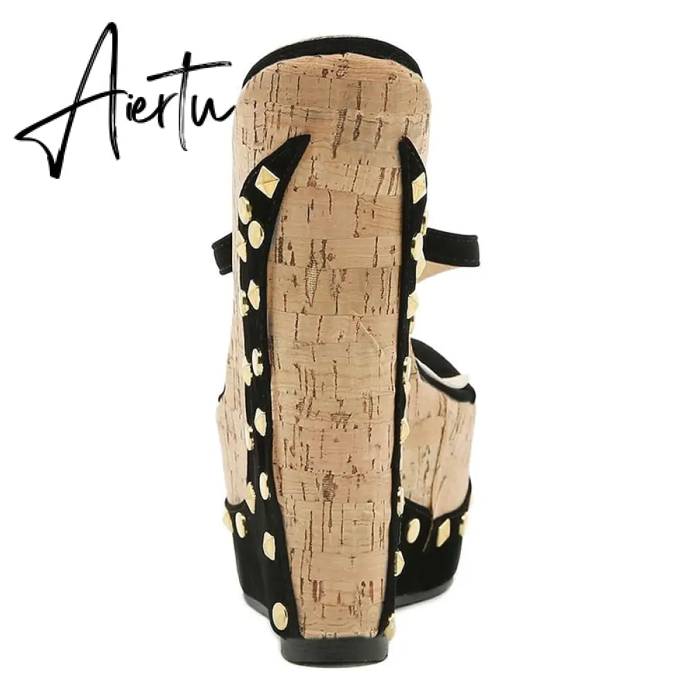Ladies Shoes Summer Flock Wedges Party Fashion Classics Big Yards Modern Thong Beach Mules Sandalias Platform Geometric Aiertu