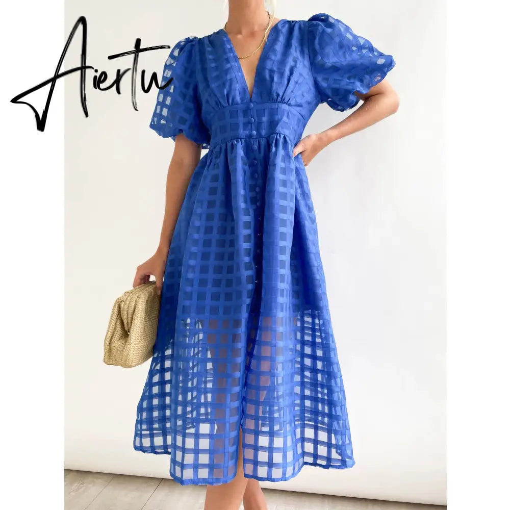 Lantern Sleeve Breasted Rose Red Vintage A-line Party Dress Plaid Transparent Zip Waist Elastic Summer Midi Boho Dress Aiertu