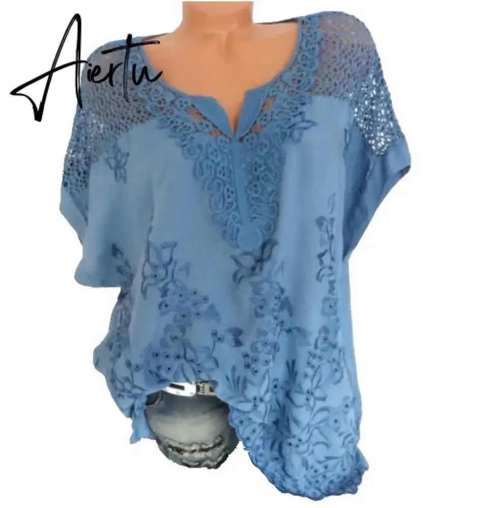 Large Size Loose Short-Sleeved Lace Women Blouses Cotton Blouses Summer Shirt Tops Sexy Fashion Women Shirt Aiertu