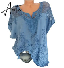 Large Size Loose Short-Sleeved Lace Women Blouses Cotton Blouses Summer Shirt Tops Sexy Fashion Women Shirt Aiertu