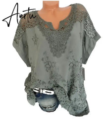 Large Size Loose Short-Sleeved Lace Women Blouses Cotton Blouses Summer Shirt Tops Sexy Fashion Women Shirt Aiertu