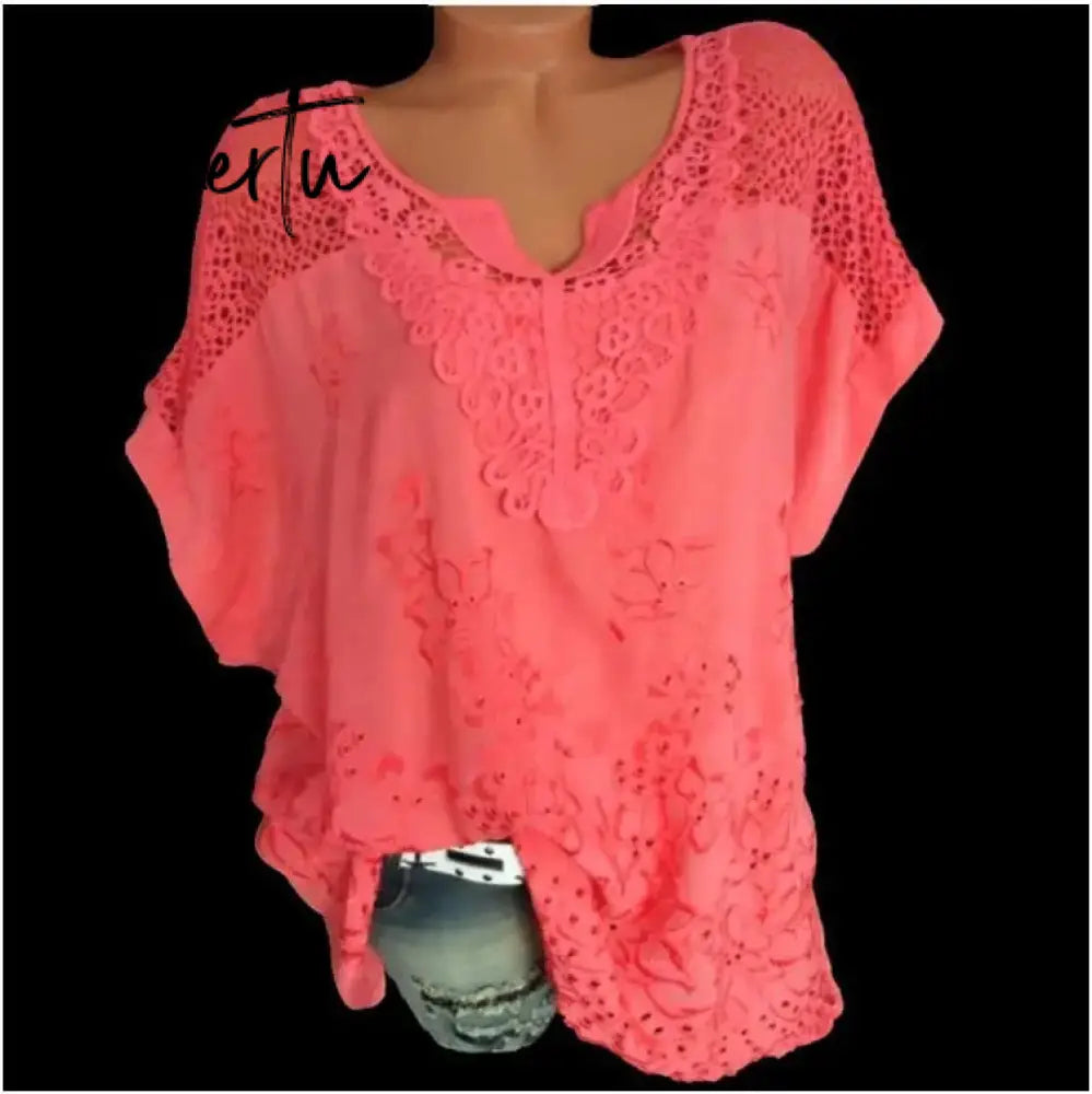 Large Size Loose Short-Sleeved Lace Women Blouses Cotton Blouses Summer Shirt Tops Sexy Fashion Women Shirt Aiertu