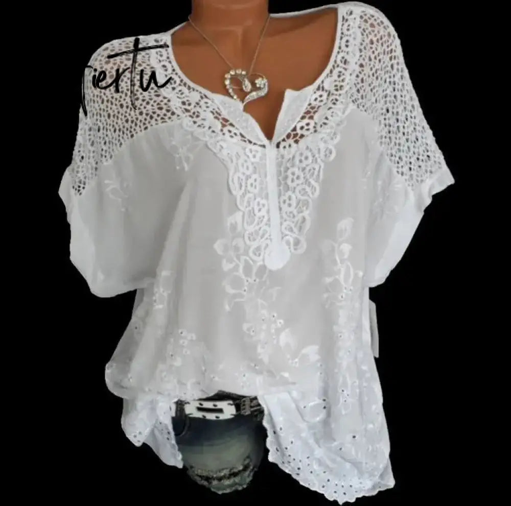 Large Size Loose Short-Sleeved Lace Women Blouses Cotton Blouses Summer Shirt Tops Sexy Fashion Women Shirt Aiertu