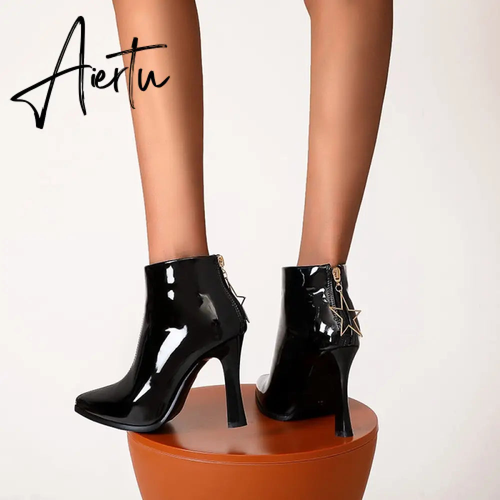 Largest Size 49 50 Women Thin High Heels Short Boots Fall Shoes Woman Shiny Patent Leather Hot Pink Gold Boot Lady Bootie Female Aiertu
