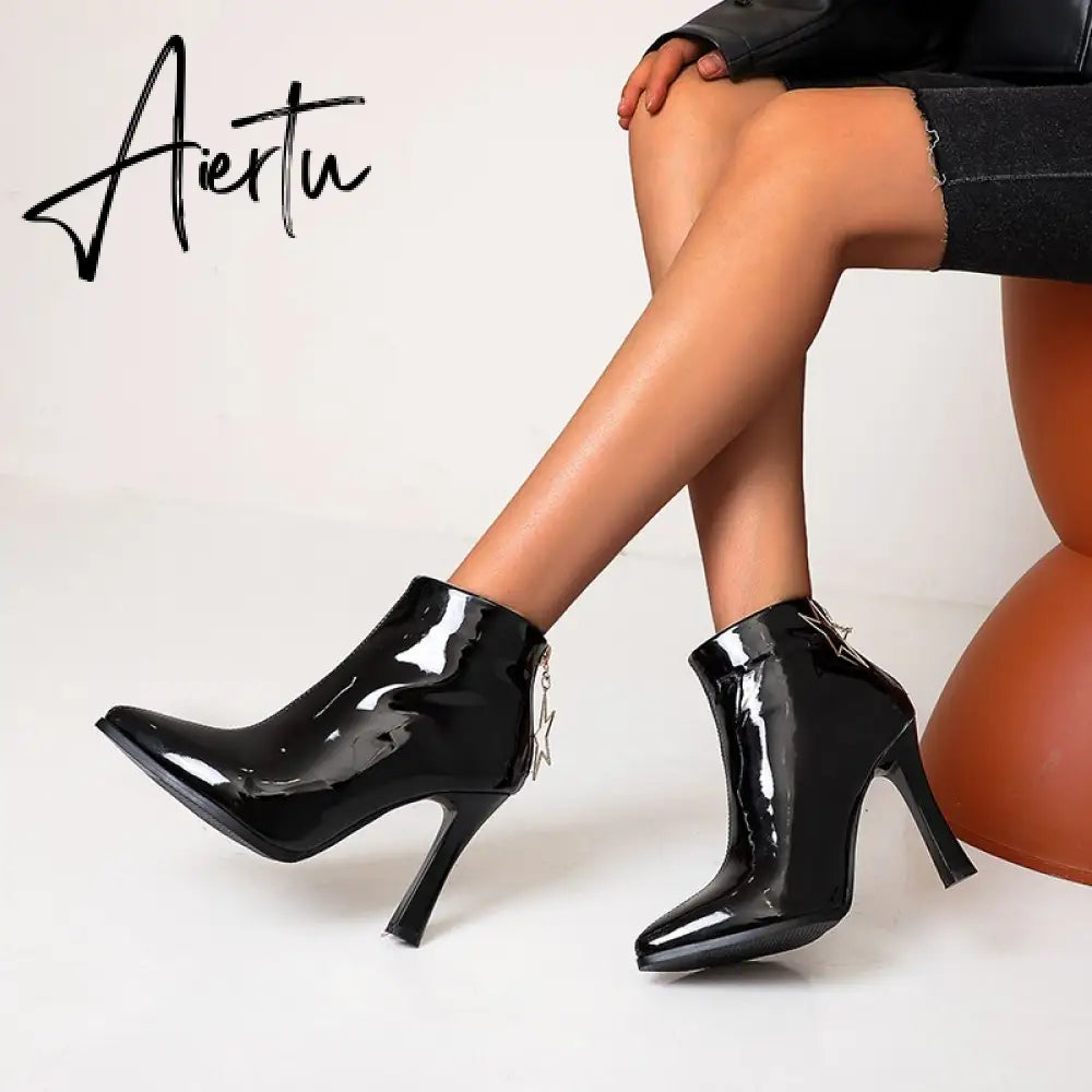 Largest Size 49 50 Women Thin High Heels Short Boots Fall Shoes Woman Shiny Patent Leather Hot Pink Gold Boot Lady Bootie Female Aiertu