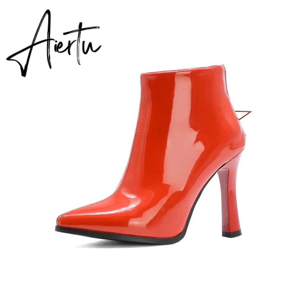 Largest Size 49 50 Women Thin High Heels Short Boots Fall Shoes Woman Shiny Patent Leather Hot Pink Gold Boot Lady Bootie Female Aiertu
