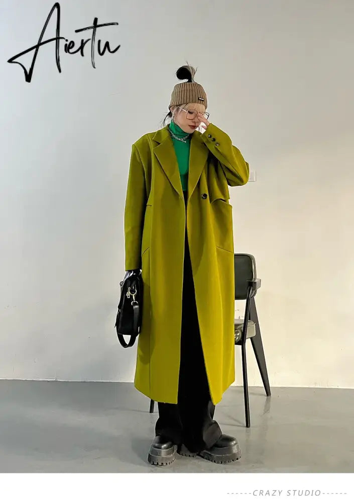 Lautaro Spring Autumn Long Green Oversized Trench Coat for Women Single Button Loose Luxury Casual Overcoat Korean Fashion Aiertu