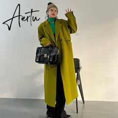 Lautaro Spring Autumn Long Green Oversized Trench Coat for Women Single Button Loose Luxury Casual Overcoat Korean Fashion Aiertu