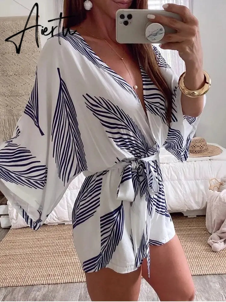 Leaf Print White Batwing Sleeve Rompers Overalls Summer Autumn Sash Wide Leg Beach Boho Playsuit  Romper Aiertu