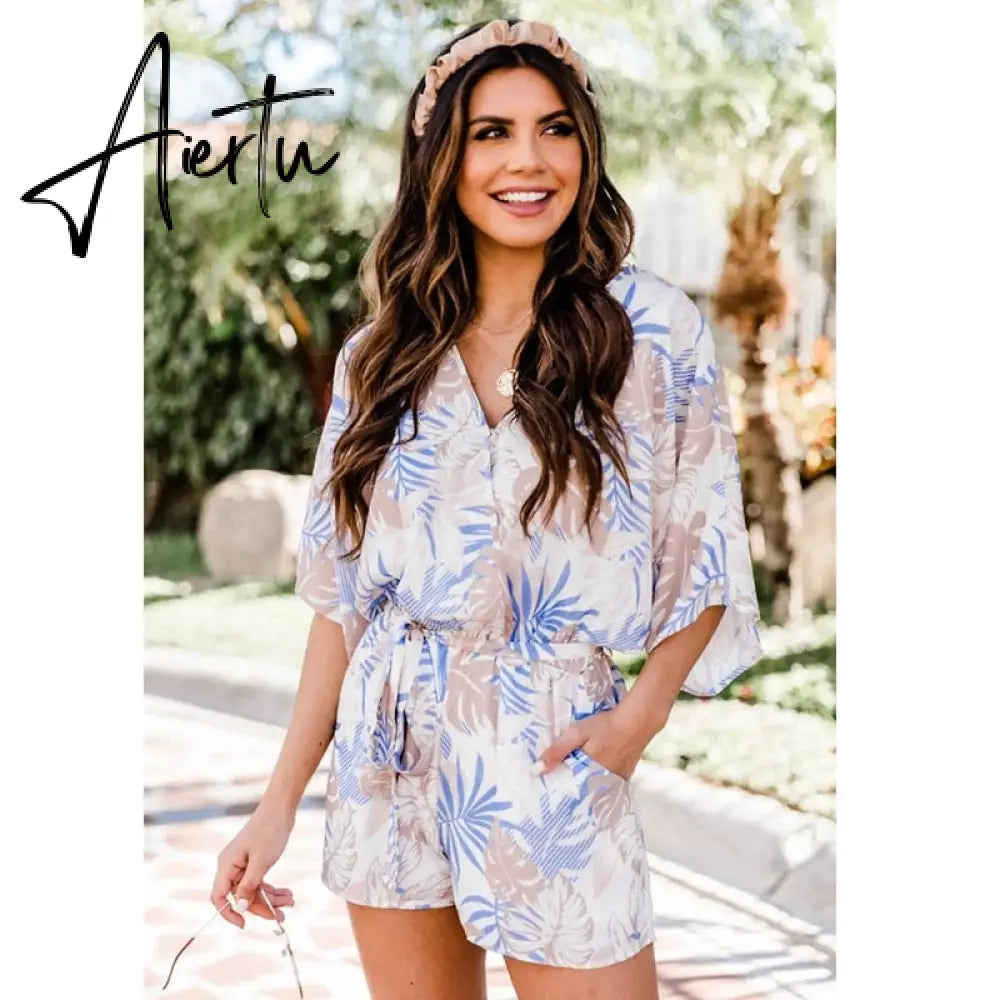 Leaf Print White Batwing Sleeve Rompers Overalls Summer Autumn Sash Wide Leg Beach Boho Playsuit  Romper Aiertu