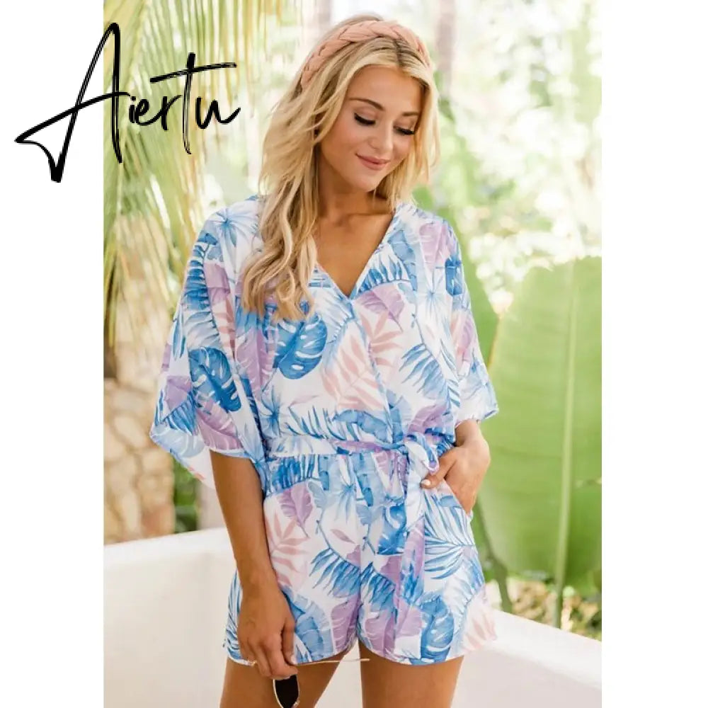 Leaf Print White Batwing Sleeve Rompers Overalls Summer Autumn Sash Wide Leg Beach Boho Playsuit  Romper Aiertu